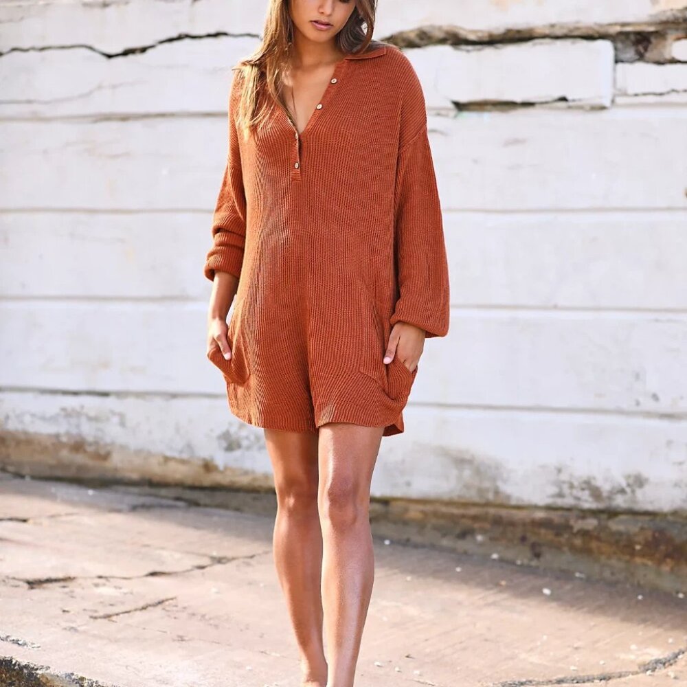 Free People FP Beach "Picnic Sweater Romper" Knit Long Sleeve Terracotta Medium